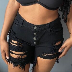 High Waist Fringe Cut Off Distressed Denim Shorts - Black